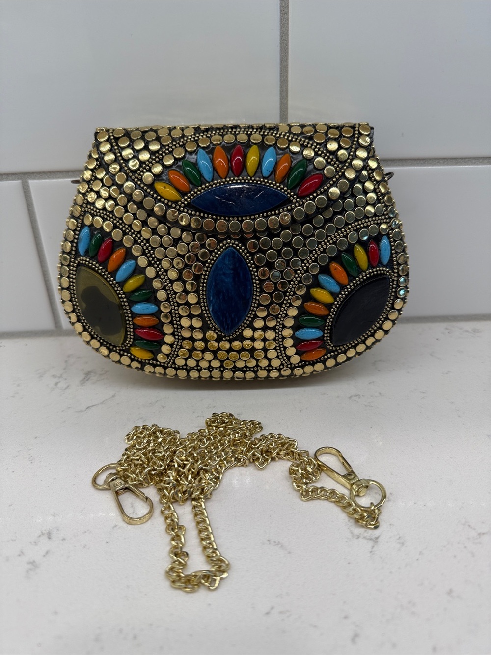 NWOT Ramla Embellished Multicolor Beaded Evening Clutch - Gold